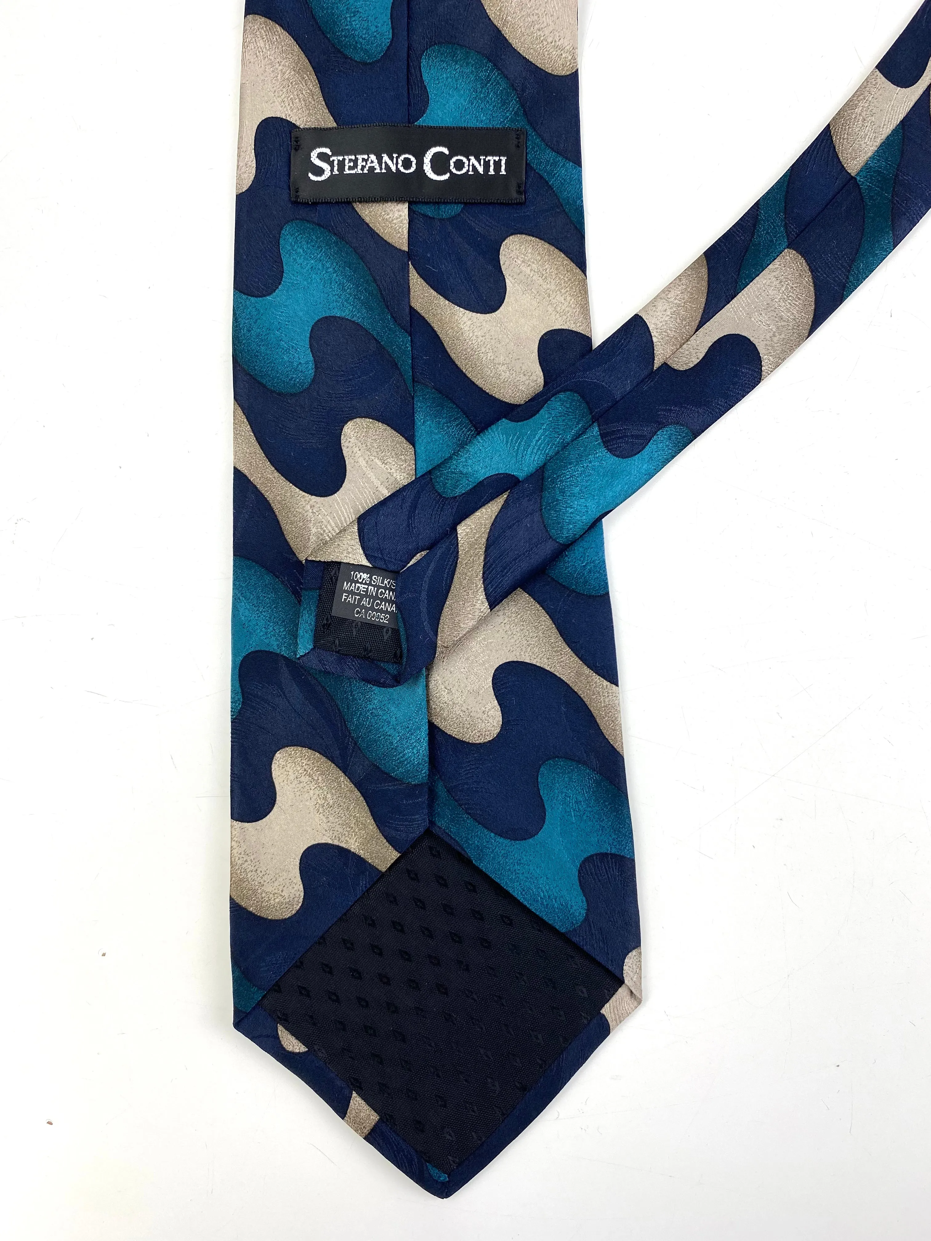 90s Deadstock Silk Necktie, Men's Vintage Teal/ Navy/ Beige Abstract Pattern Tie, NOS