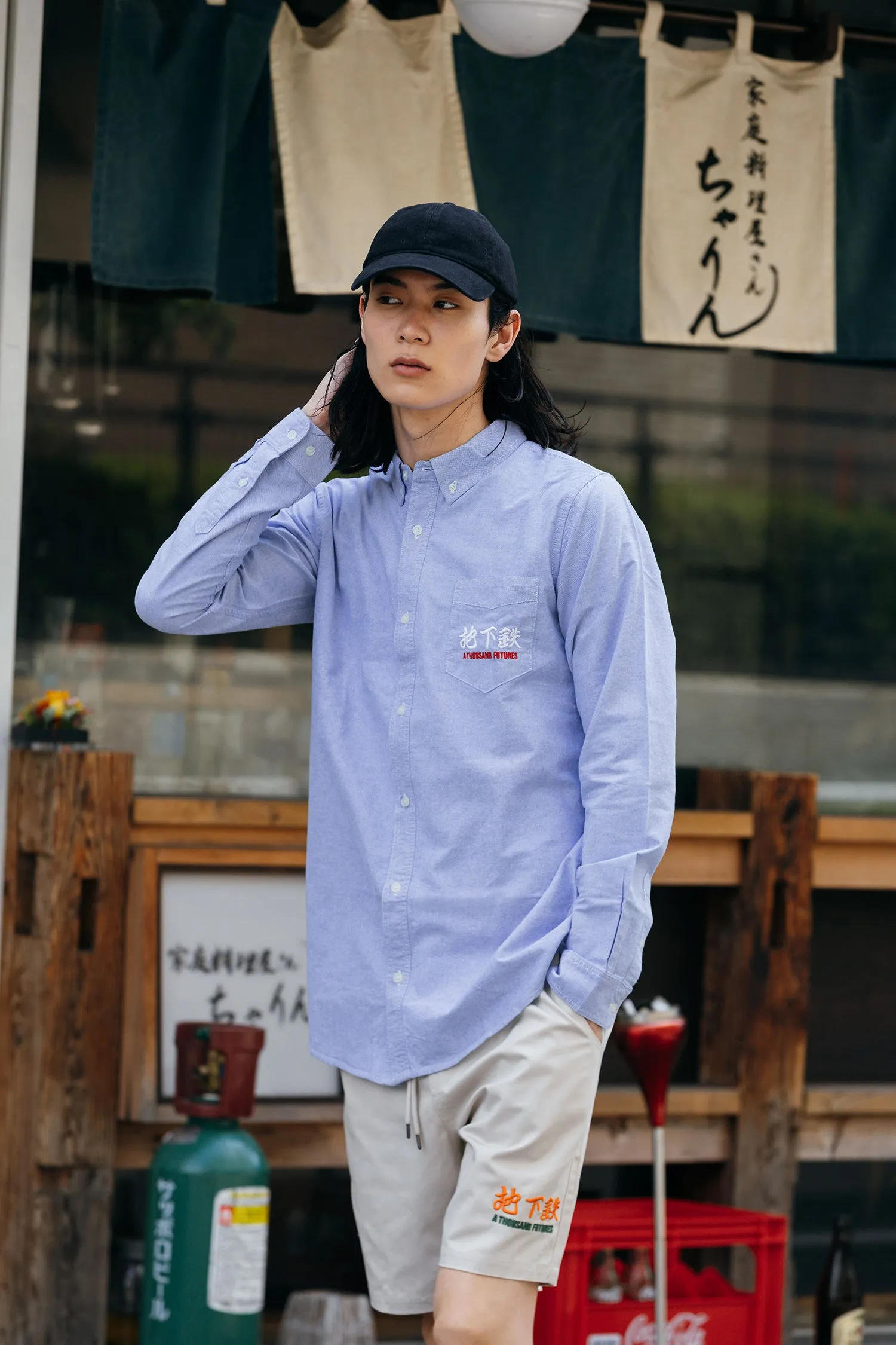 A Thousand Futures 'Logo' Cotton Oxford Shirt - Classic Blue