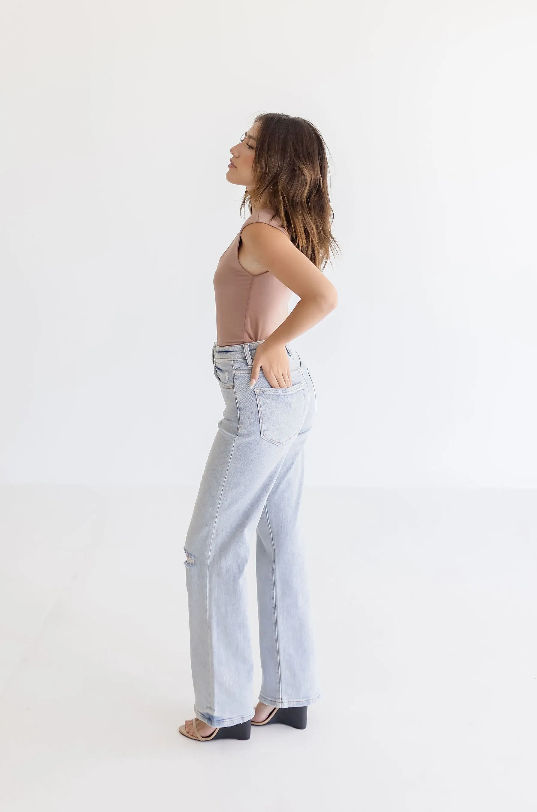 Alana High Rise Distressed Flare Leg Jeans Light Wash