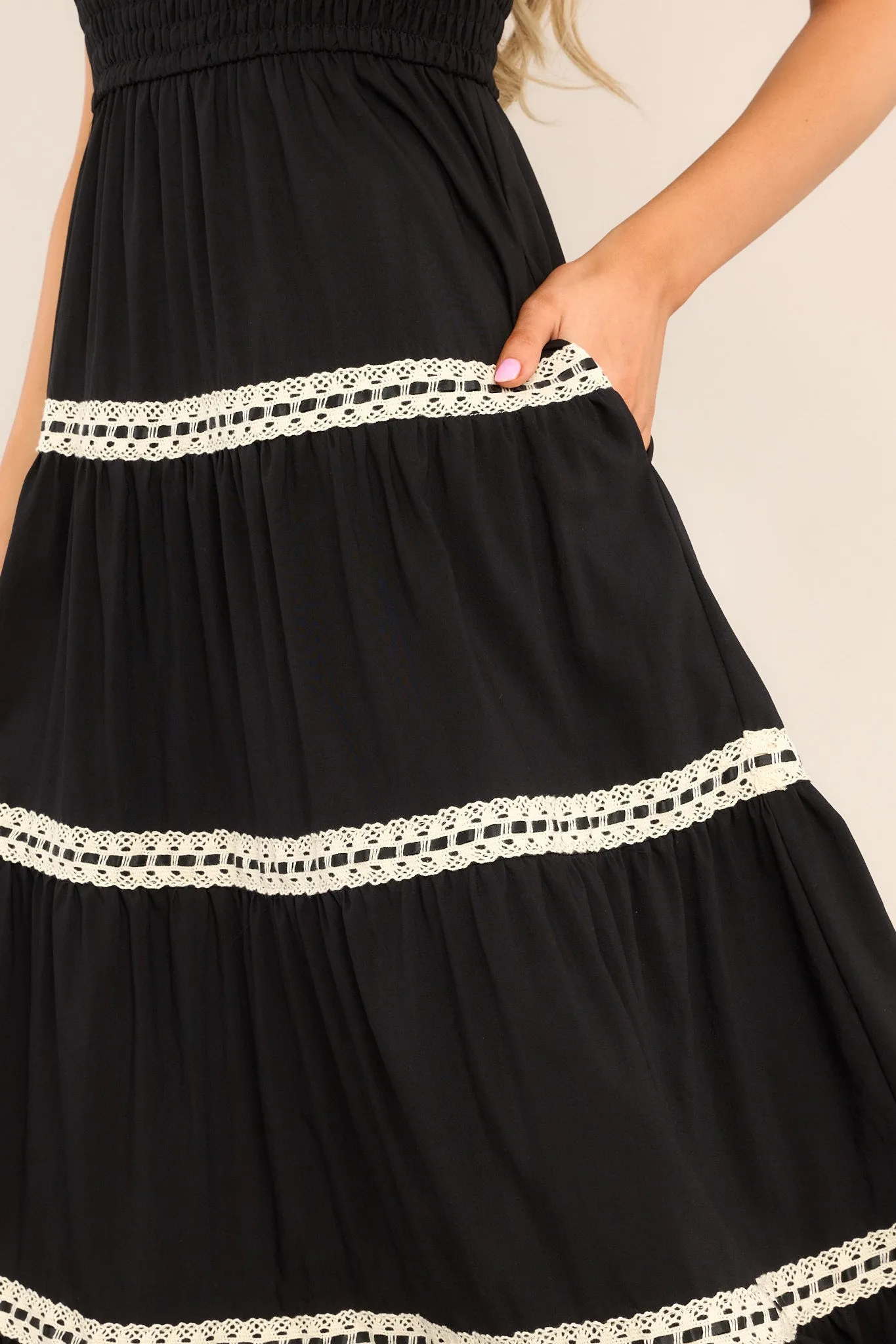Always Timeless Black Lace Tiered Midi Dress