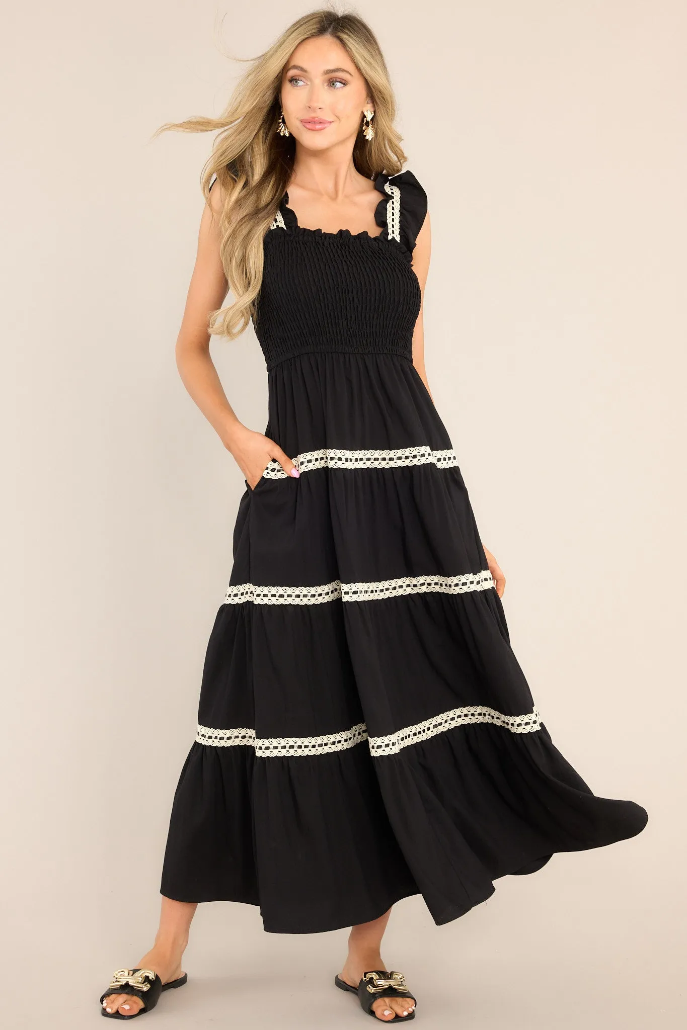 Always Timeless Black Lace Tiered Midi Dress