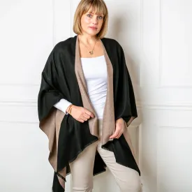Black & Camel Tess Reversible Poncho Wrap by Tilley ad Grace