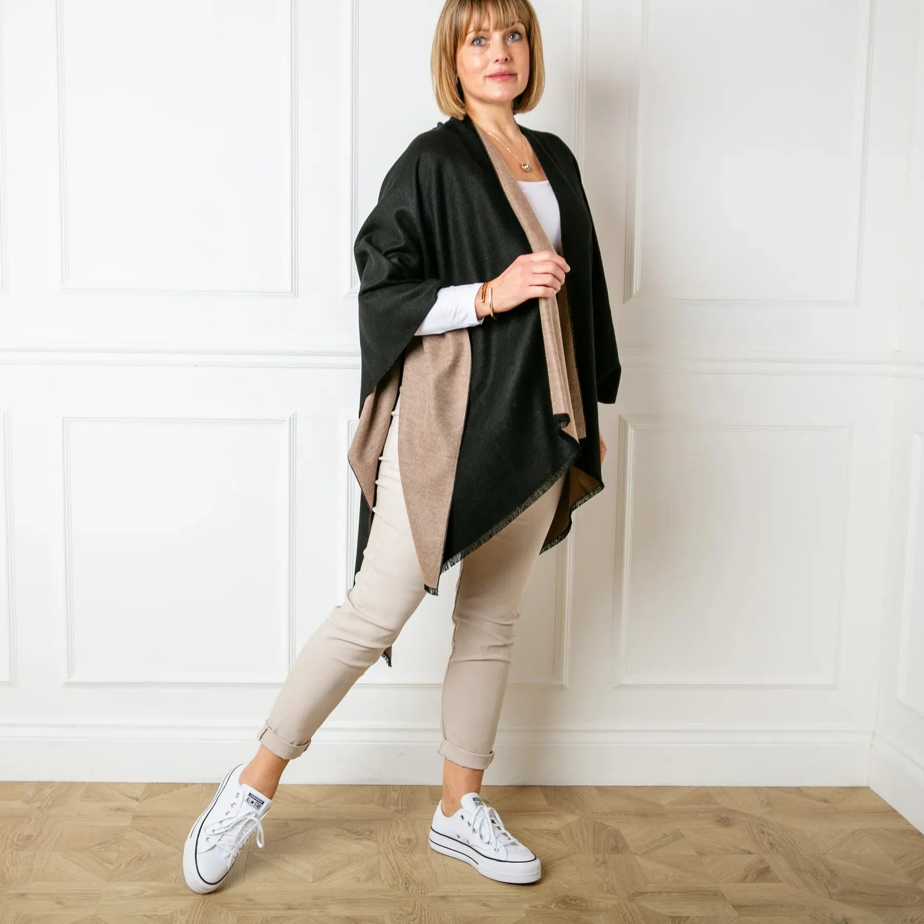 Black & Camel Tess Reversible Poncho Wrap by Tilley ad Grace