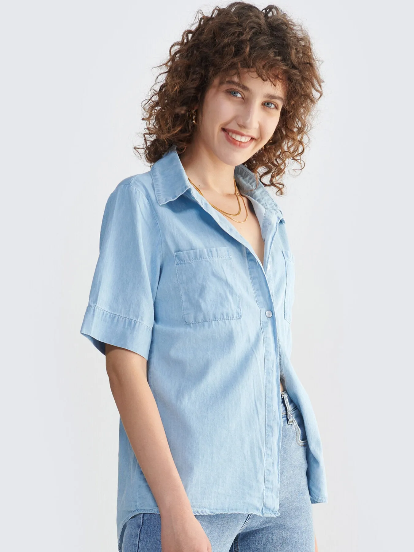Button Front Pocket Collar Neck Shirt
