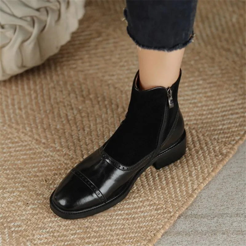 deanwangkt Autumn Boots    Ankle Boots Women Boots with Side Zipper Round Toe Chunky Heel Short Tube Rivet Boots Womens Shoes