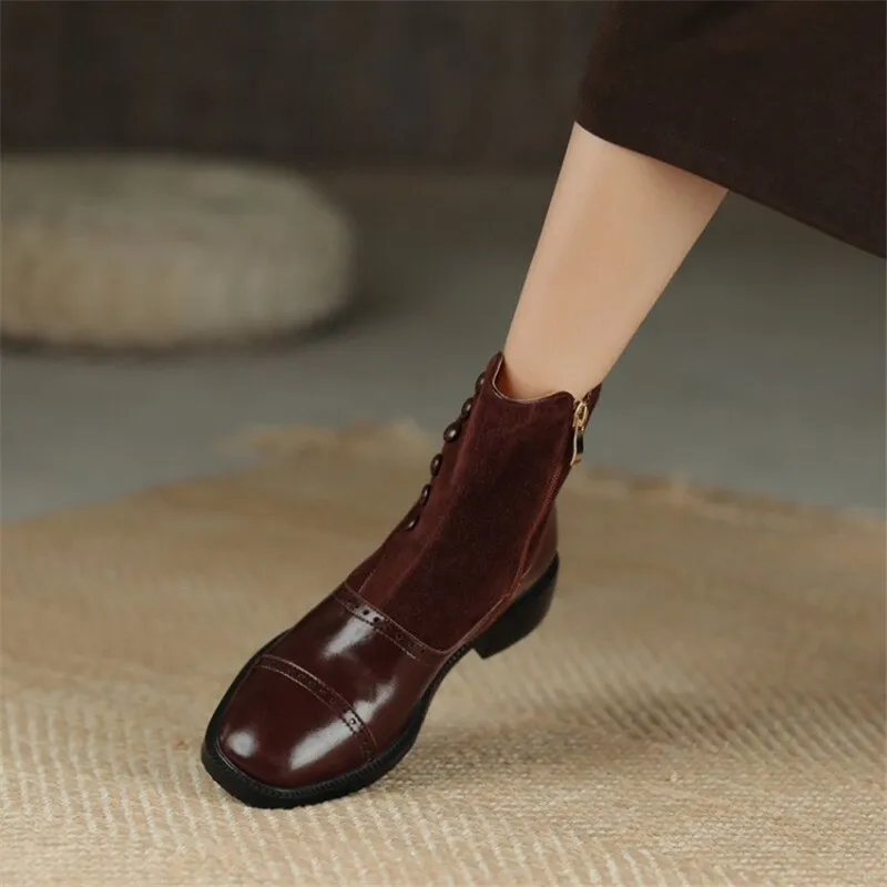 deanwangkt Autumn Boots    Ankle Boots Women Boots with Side Zipper Round Toe Chunky Heel Short Tube Rivet Boots Womens Shoes