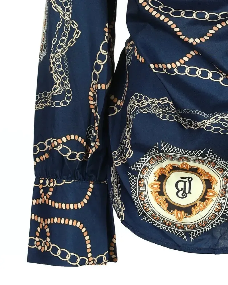 Deanwangkt - Baroque Chain Print Cowl Neck Long Sleeve Top