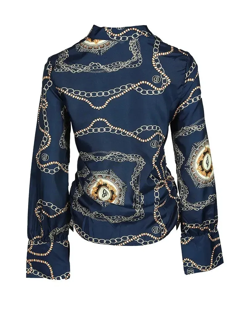 Deanwangkt - Baroque Chain Print Cowl Neck Long Sleeve Top