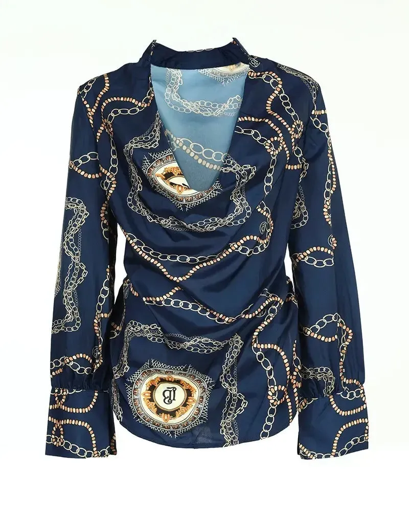 Deanwangkt - Baroque Chain Print Cowl Neck Long Sleeve Top