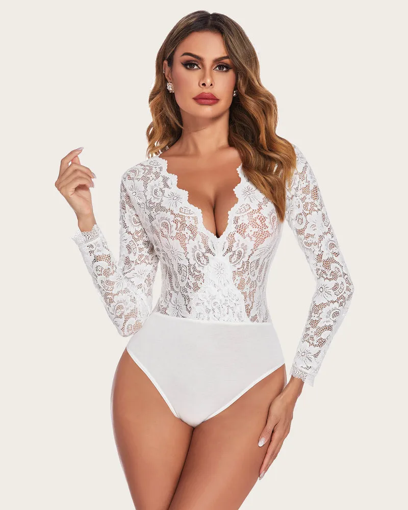 Deep V Snap Crotch Lace Bodysuit