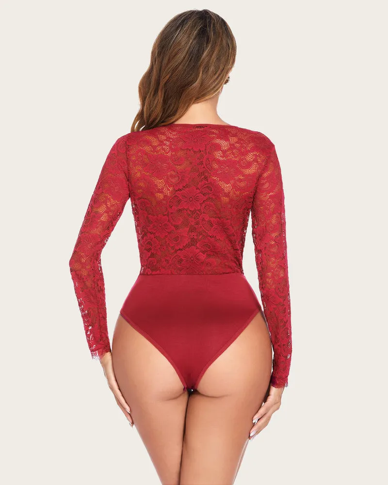 Deep V Snap Crotch Lace Bodysuit