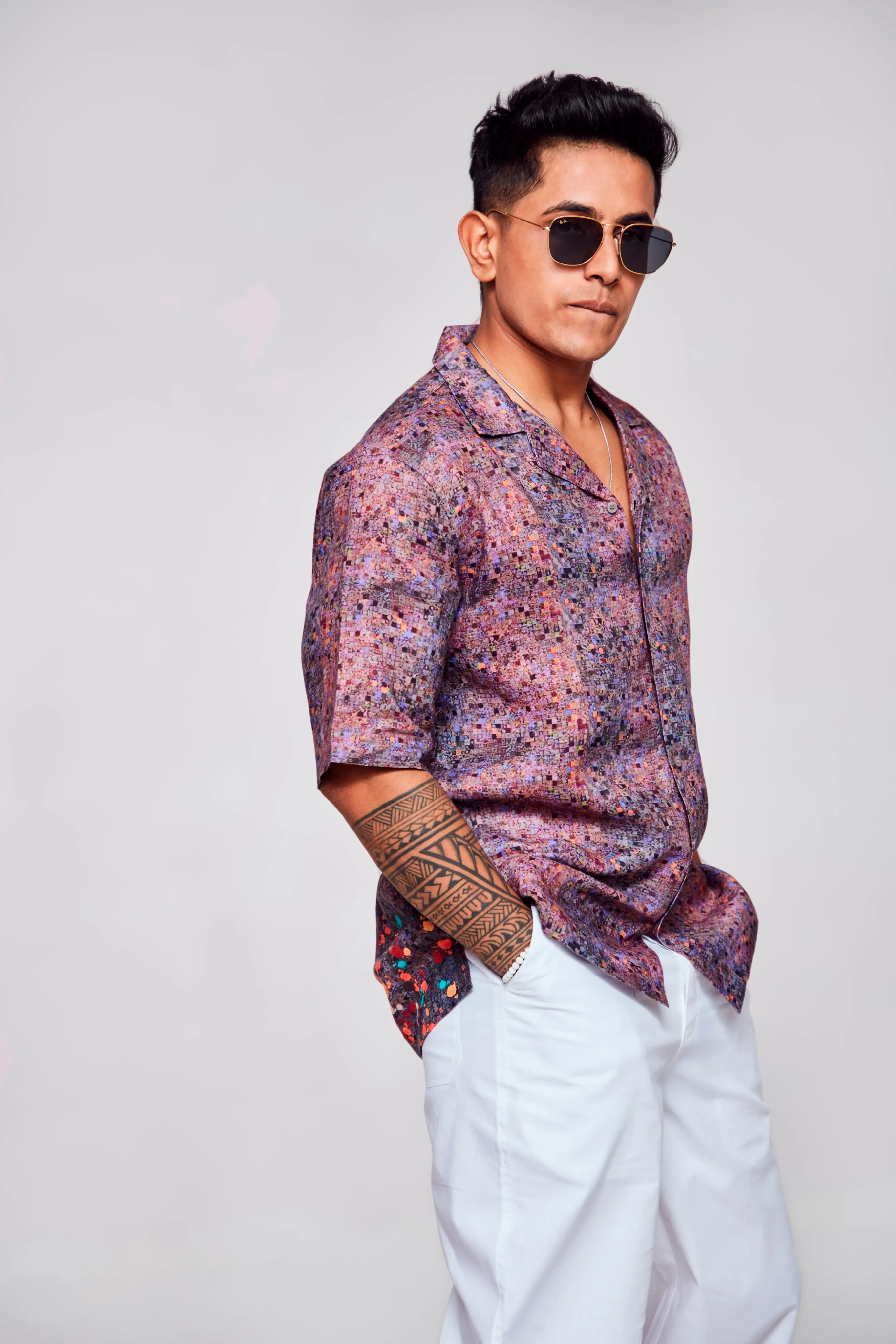 Digitally Embodied Printed Pure Linen Cuban Coller Unisex  Shirt