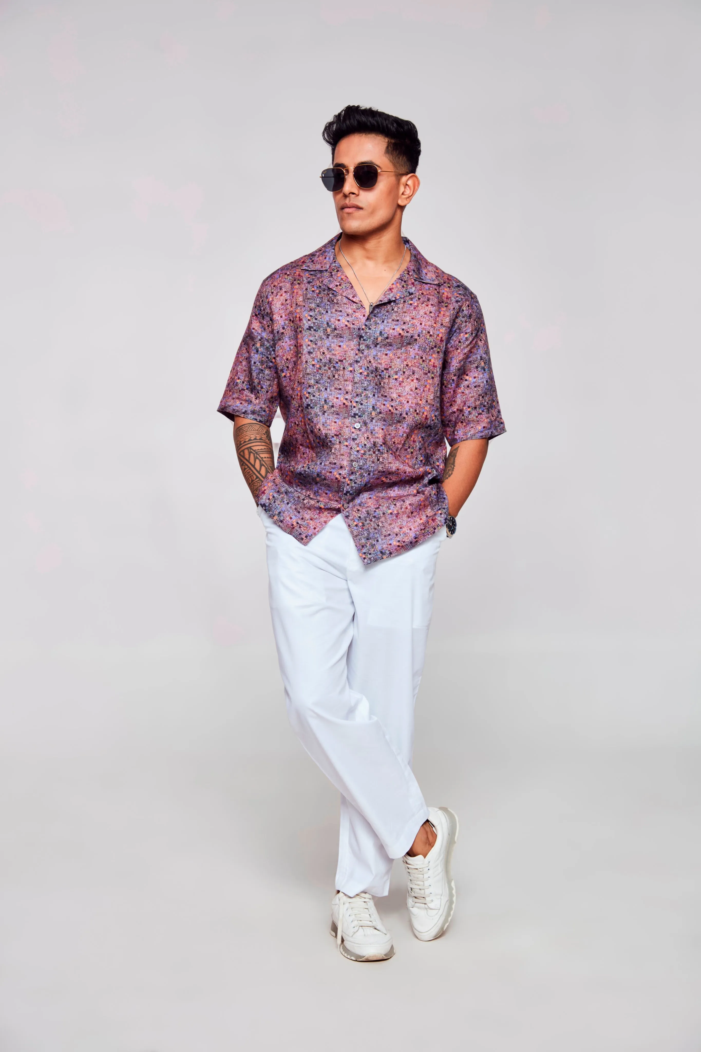 Digitally Embodied Printed Pure Linen Cuban Coller Unisex  Shirt