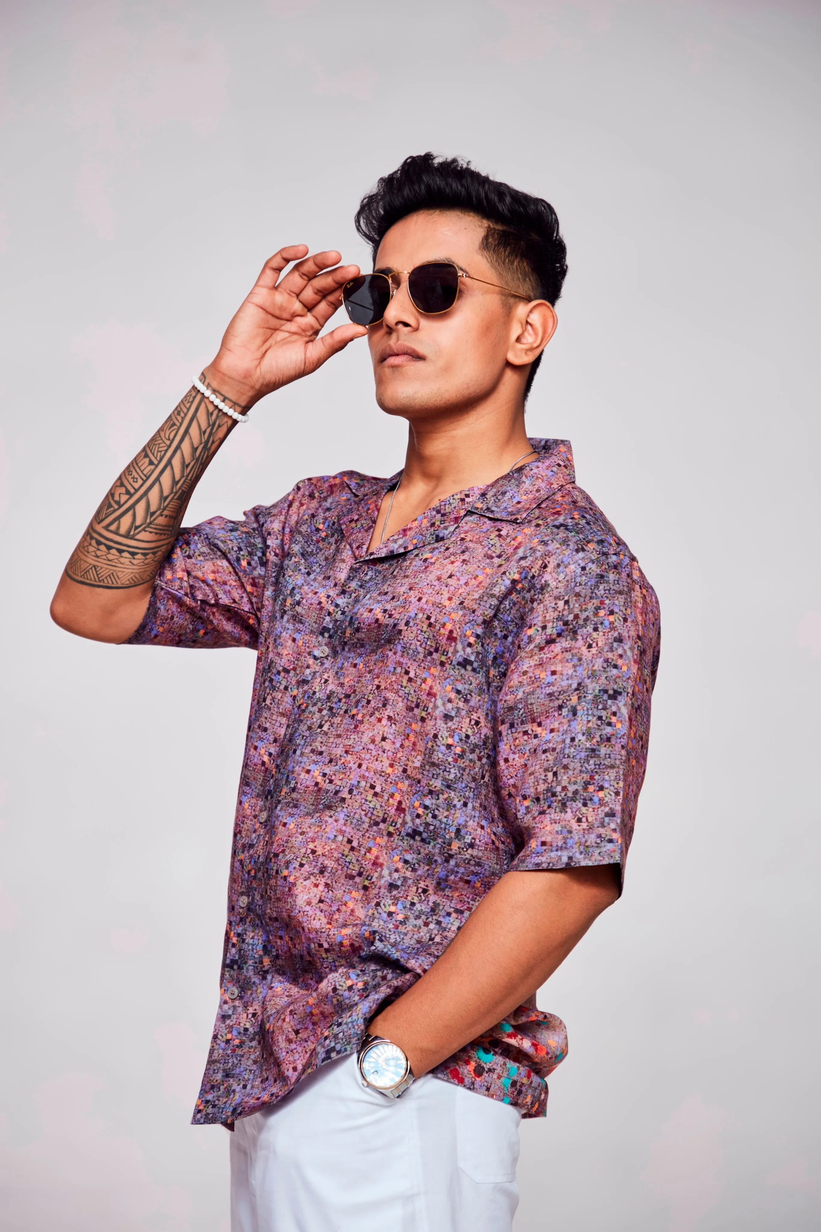 Digitally Embodied Printed Pure Linen Cuban Coller Unisex  Shirt