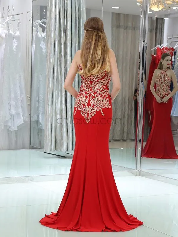 Elegant Halter Red Lace Applique Mermaid Beaded Long Evening Prom Dresses, XDM1168