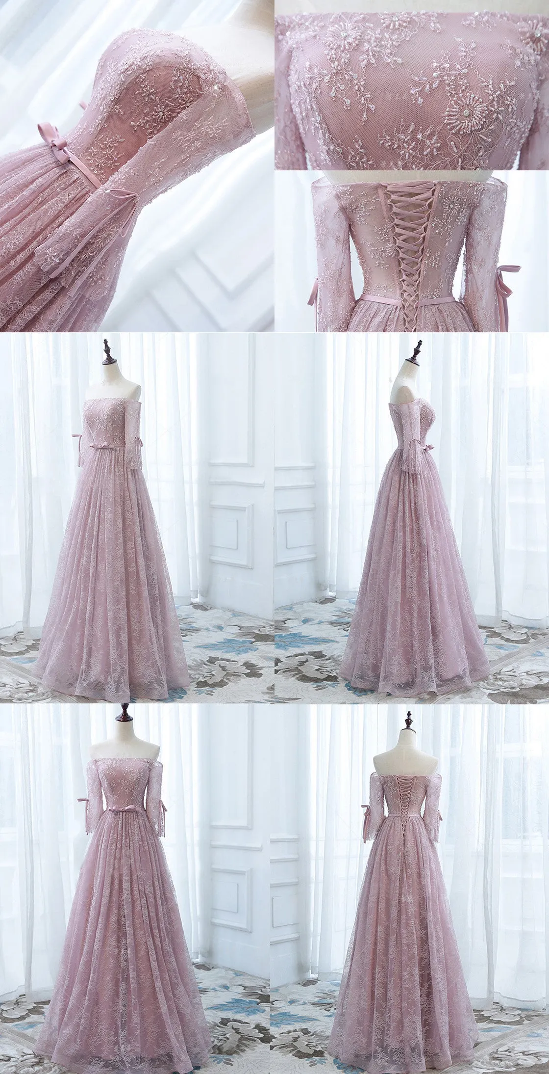 Elegant Off Shoulder Pink Lace Beading A-line Lace Up Back Half Sleeve Prom Dresses,WD0190