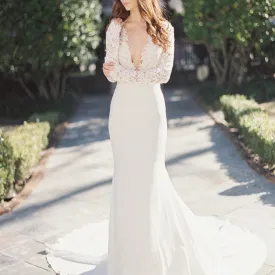 Elegant Sexy Deep V-Neck Long Sleeve Lace Top Mermaid Sweep Trailing Wedding Party Dresses, WD0038