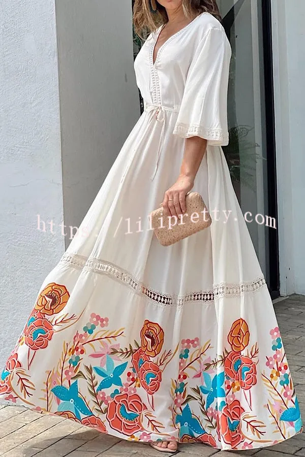 Elegant Unique Printed Lace Patchwork Lace Up Maxi Dress