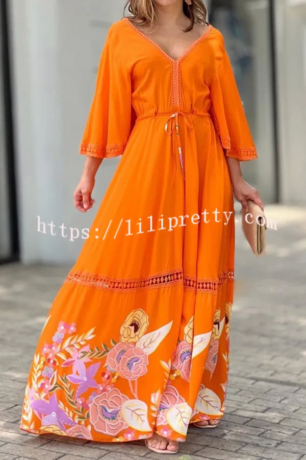 Elegant Unique Printed Lace Patchwork Lace Up Maxi Dress