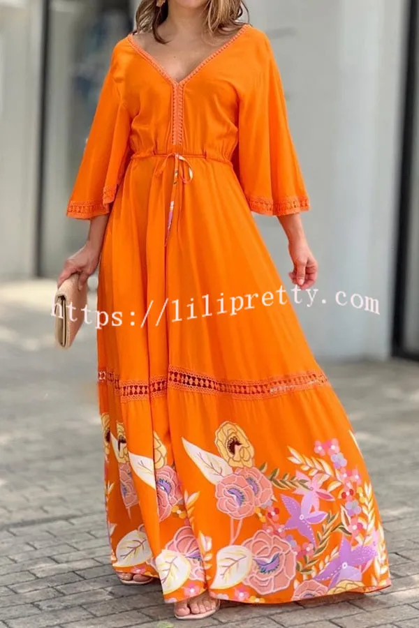Elegant Unique Printed Lace Patchwork Lace Up Maxi Dress