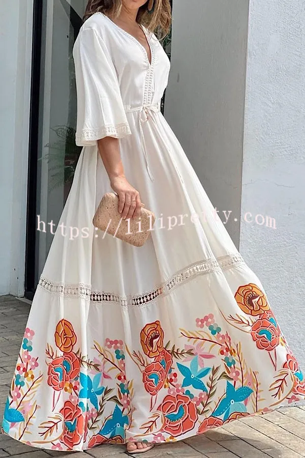 Elegant Unique Printed Lace Patchwork Lace Up Maxi Dress