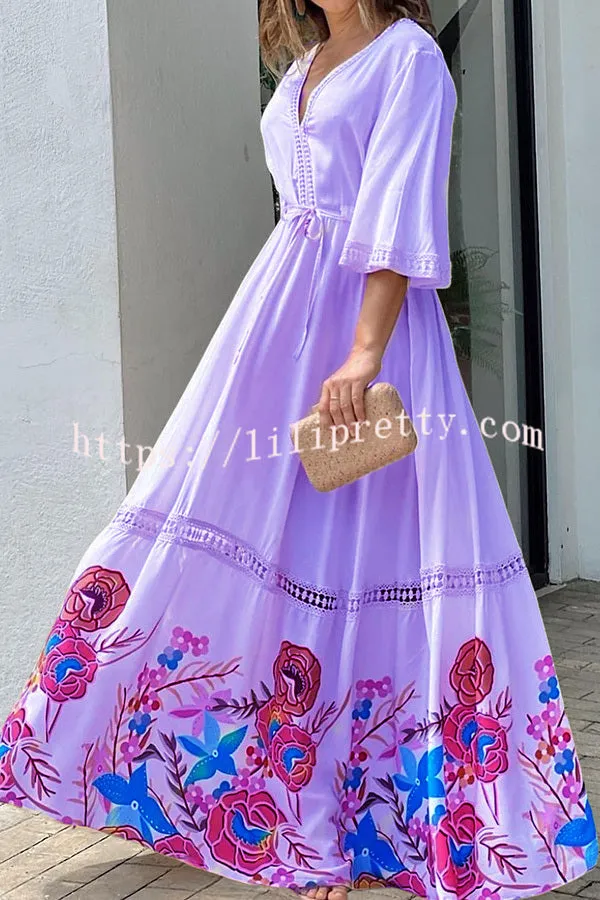 Elegant Unique Printed Lace Patchwork Lace Up Maxi Dress