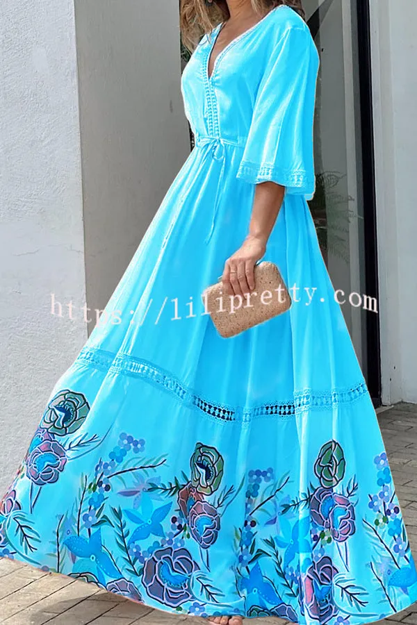 Elegant Unique Printed Lace Patchwork Lace Up Maxi Dress