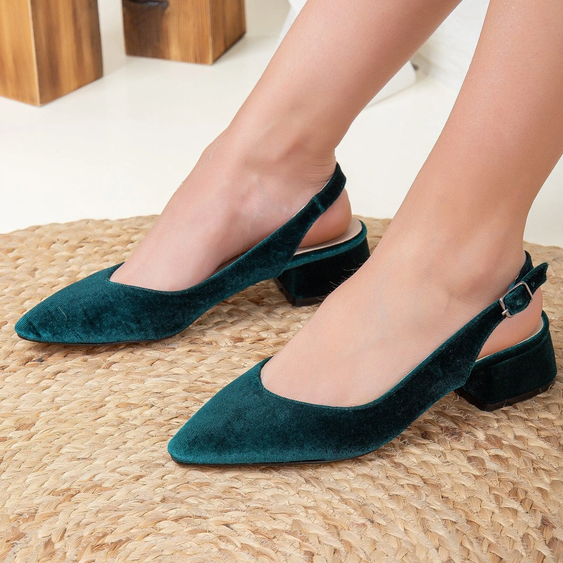 Emma - Green Velvet Slingback Shoes