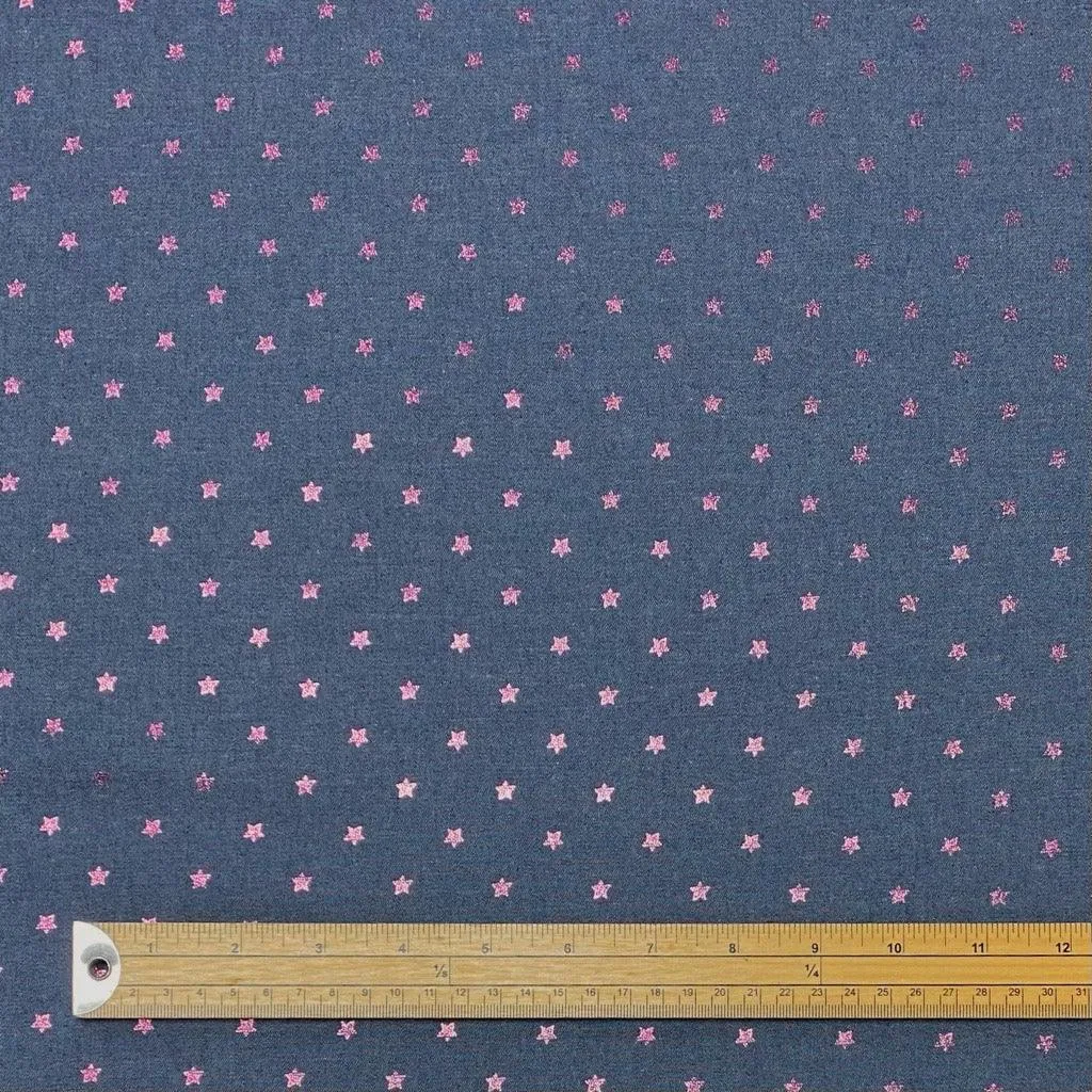 Foil Pink Stars Chambray Denim Fabric
