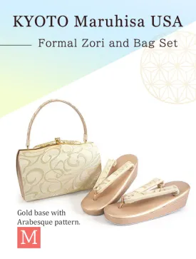 Formal Zori Sandals and Bag Set for TEA ceremony【Gold base with Arabesque pattern / M 】