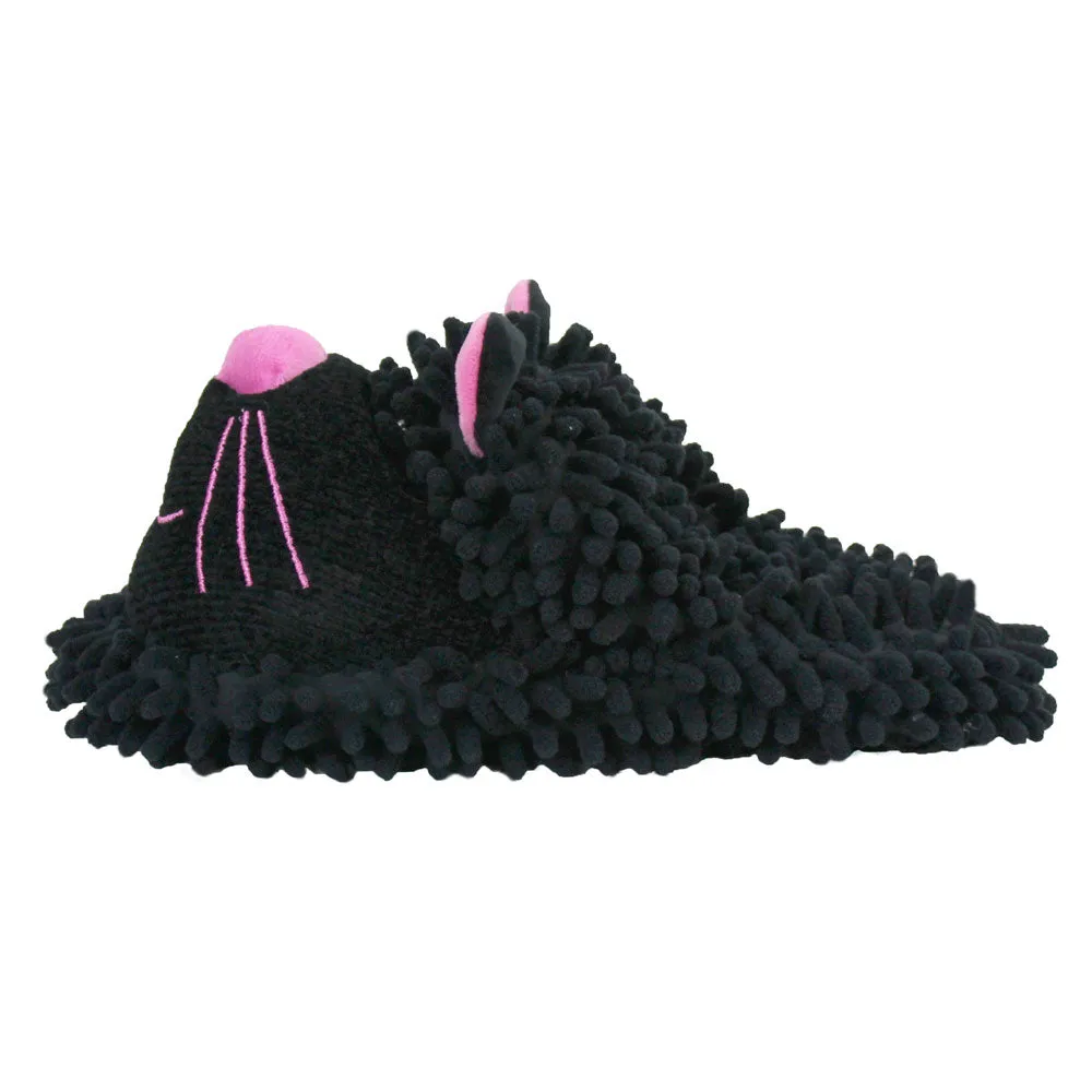 Fuzzy Black Cat Slippers