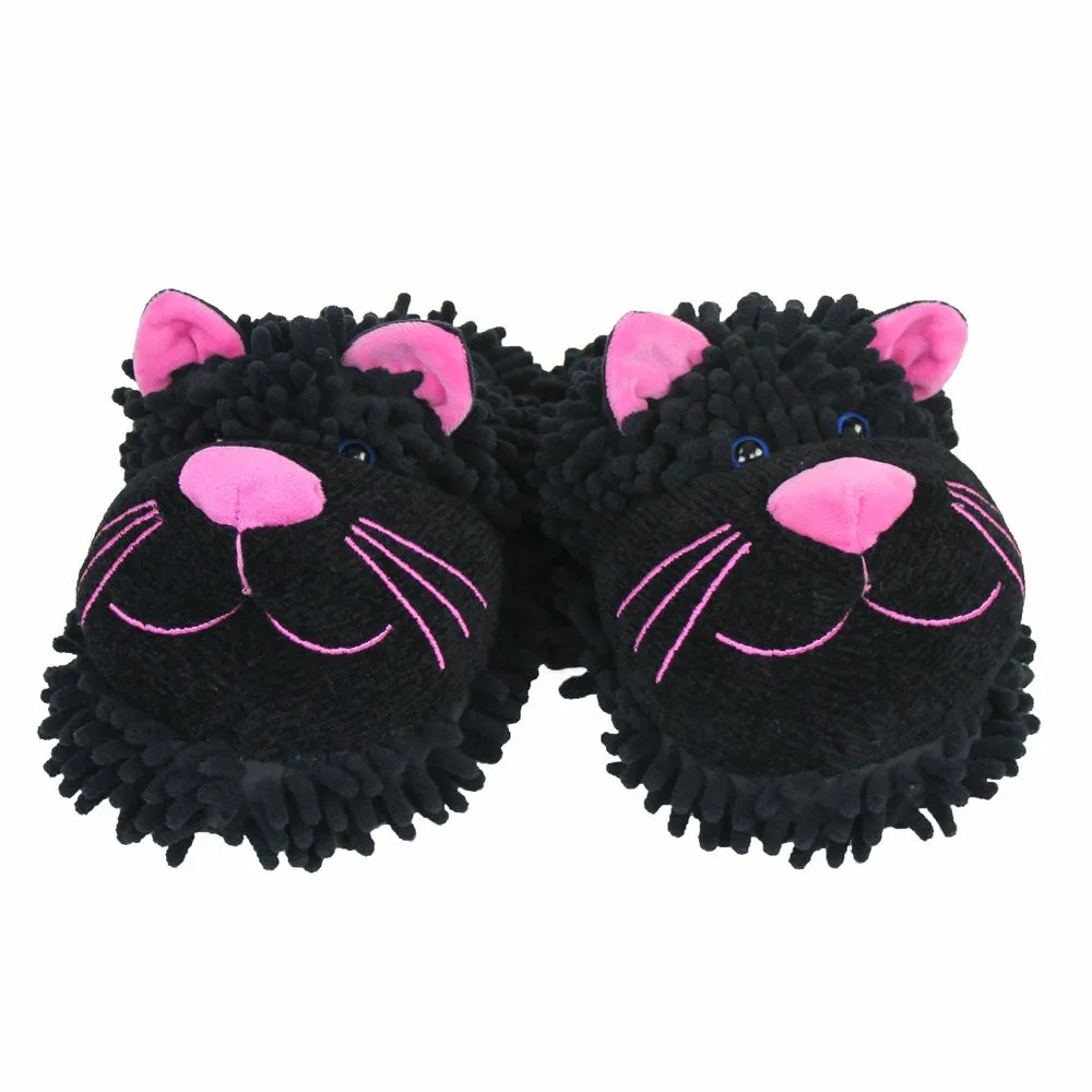 Fuzzy Black Cat Slippers