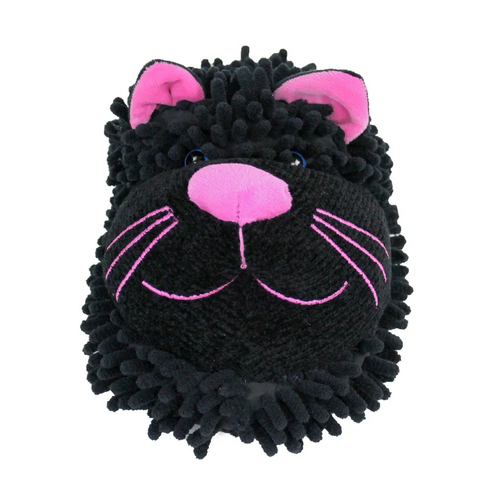 Fuzzy Black Cat Slippers