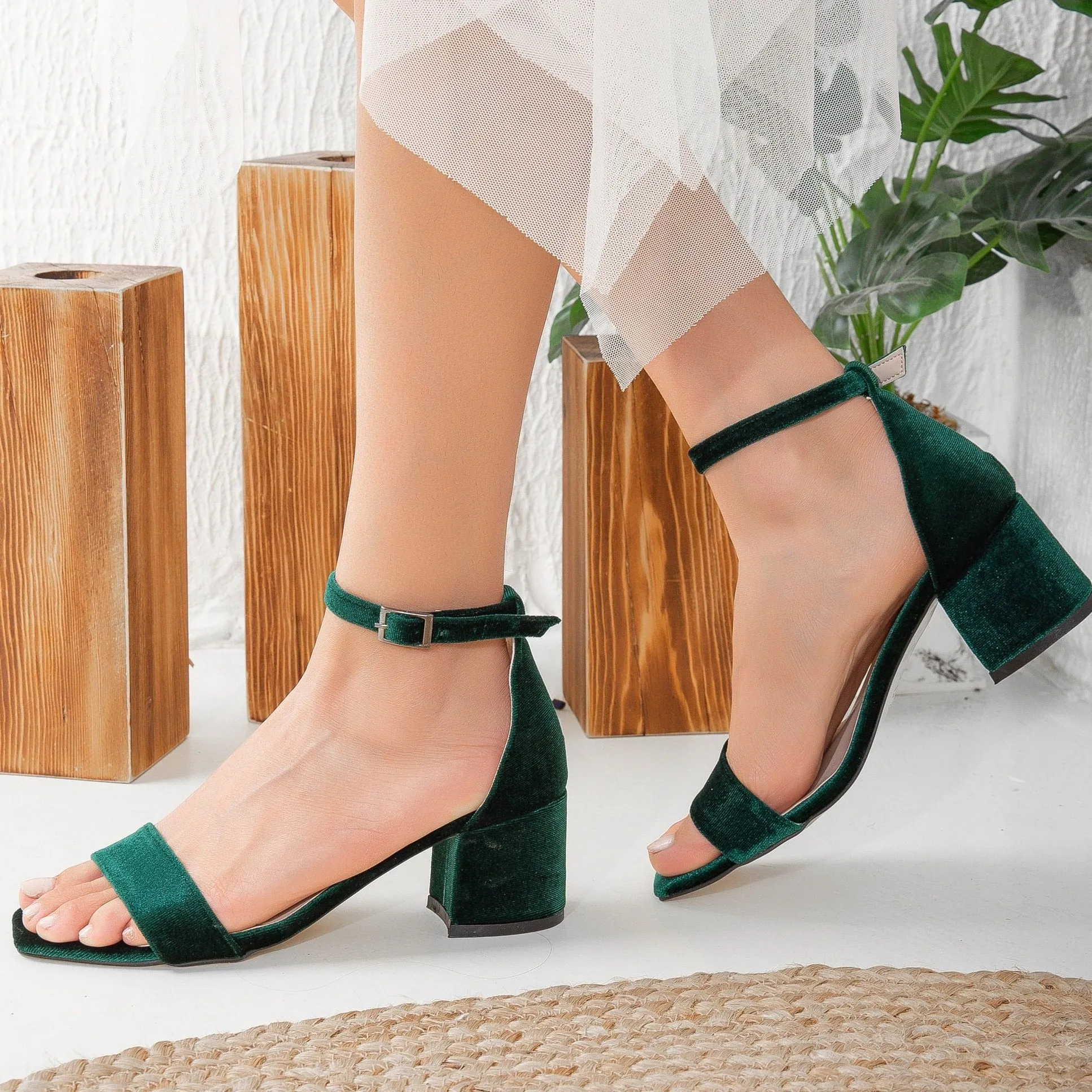Hera - Green Velvet Low Heel Sandals with Ribbon