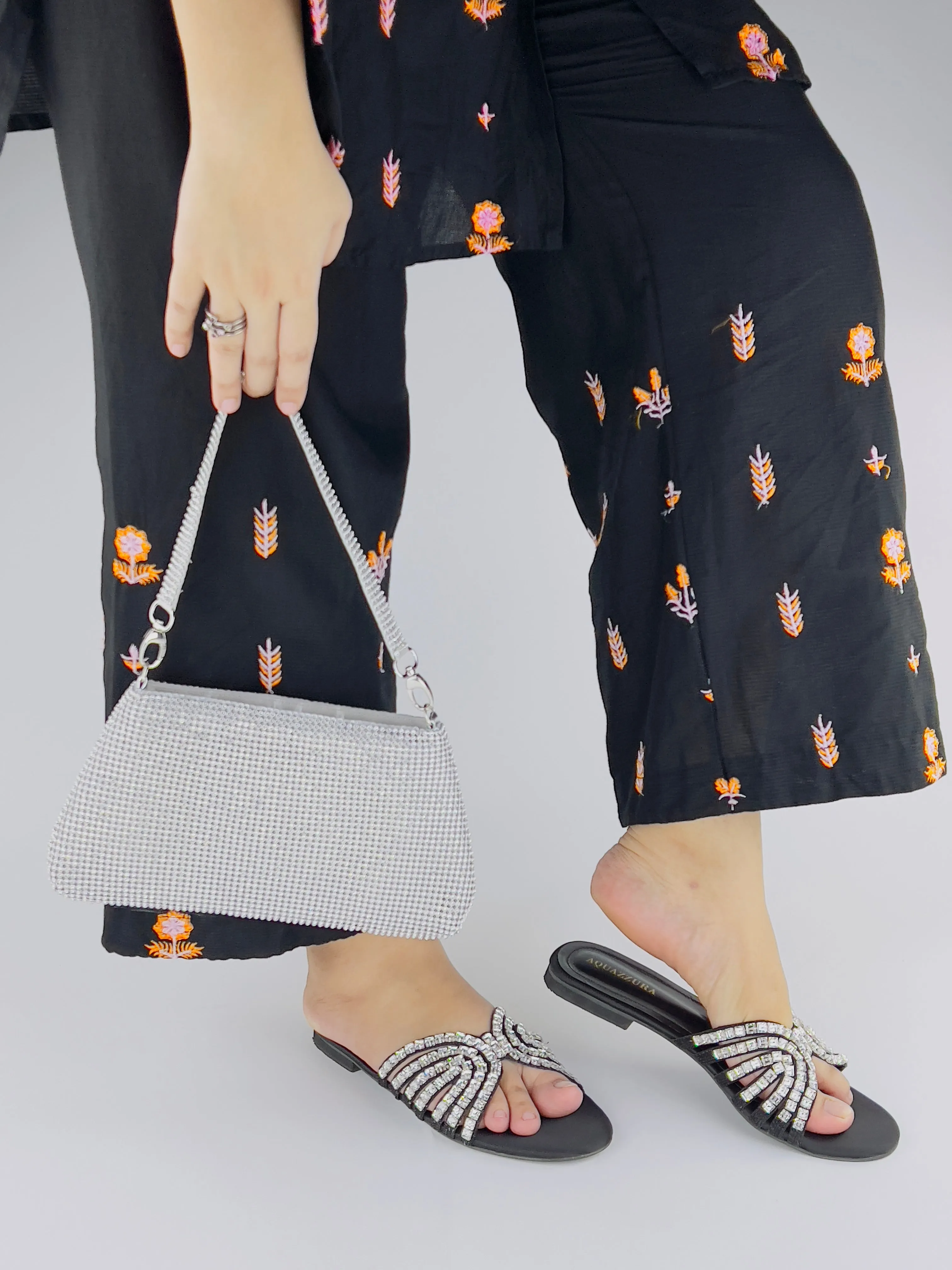 Jamie Criss-Cross Crystal-Studded Black Flats Sandal
