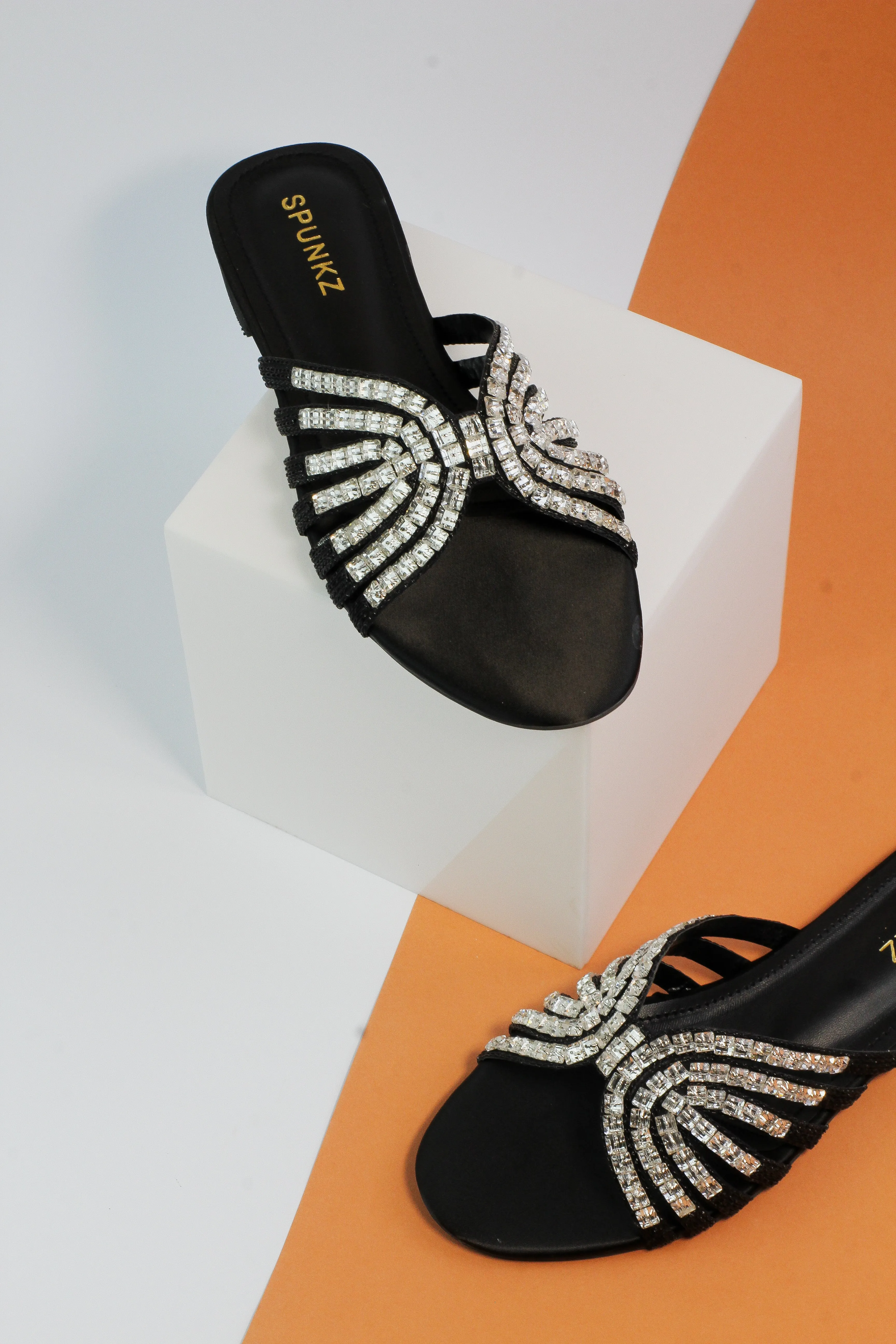 Jamie Criss-Cross Crystal-Studded Black Flats Sandal