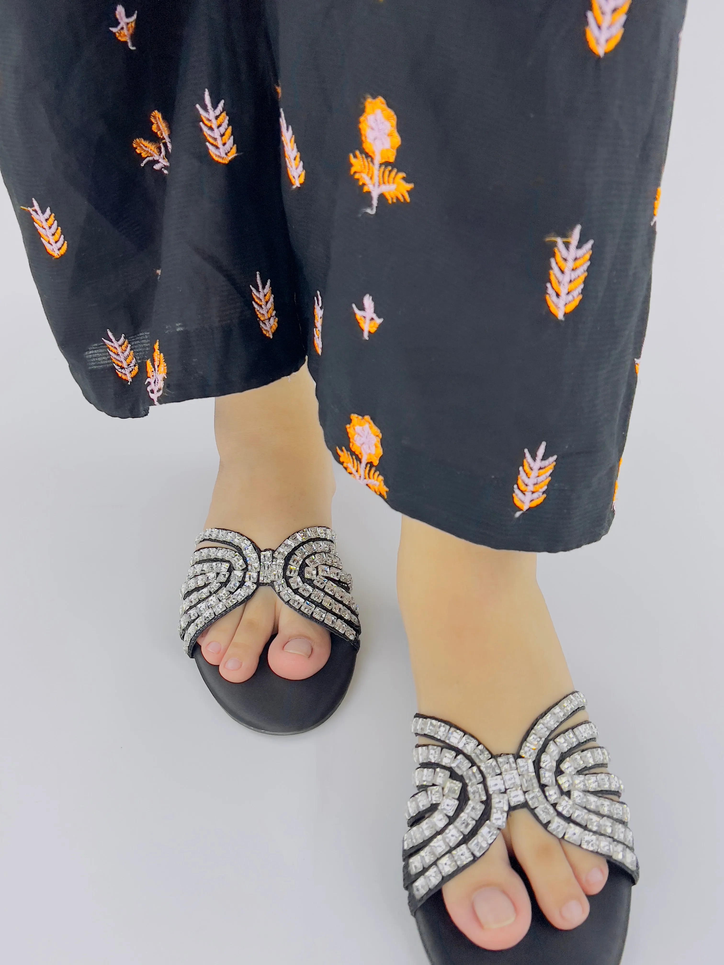 Jamie Criss-Cross Crystal-Studded Black Flats Sandal