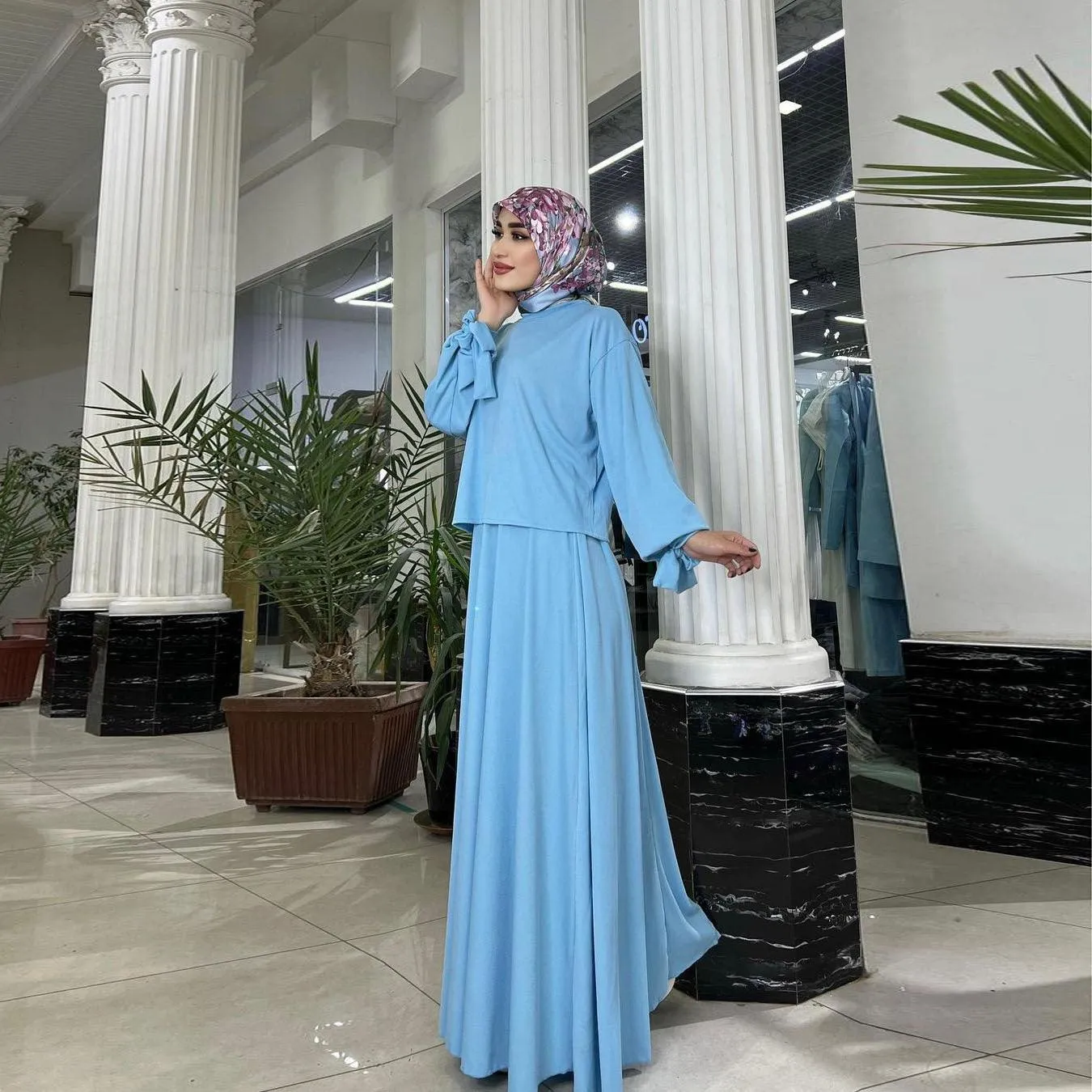 Khaki and Blue Lace Long Sleeve outfit for muslim Women