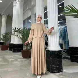 Khaki and Blue Lace Long Sleeve outfit for muslim Women