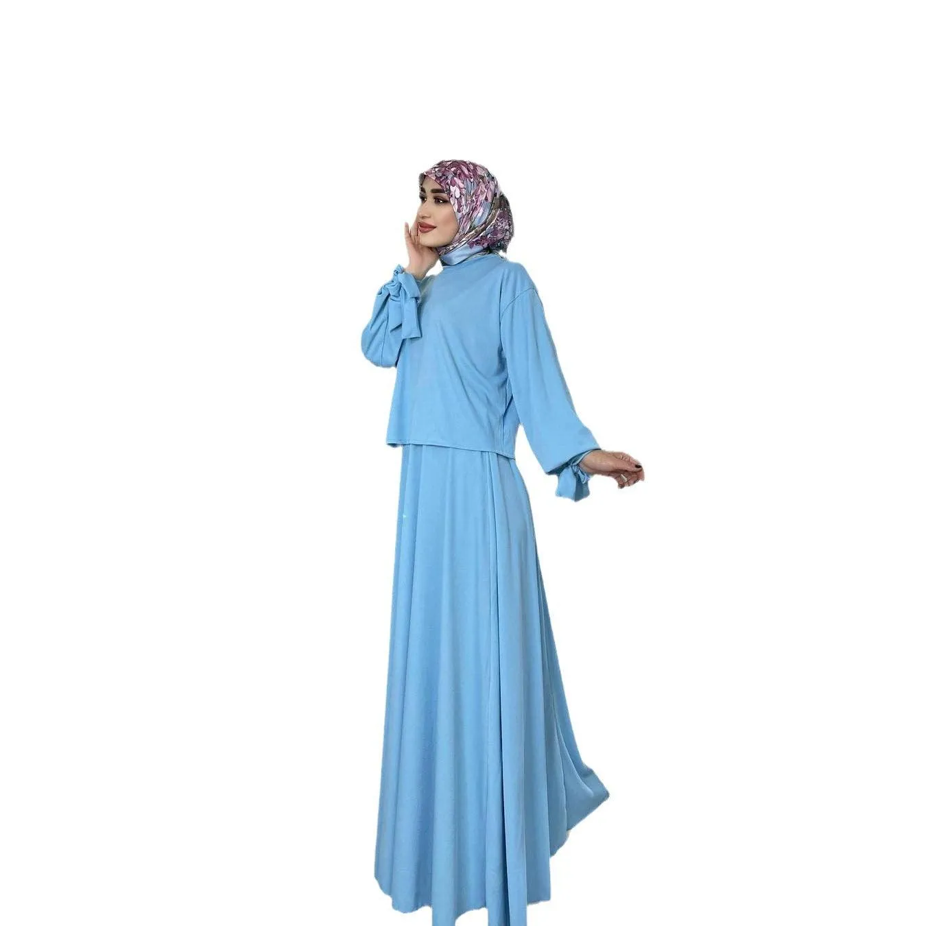 Khaki and Blue Lace Long Sleeve outfit for muslim Women