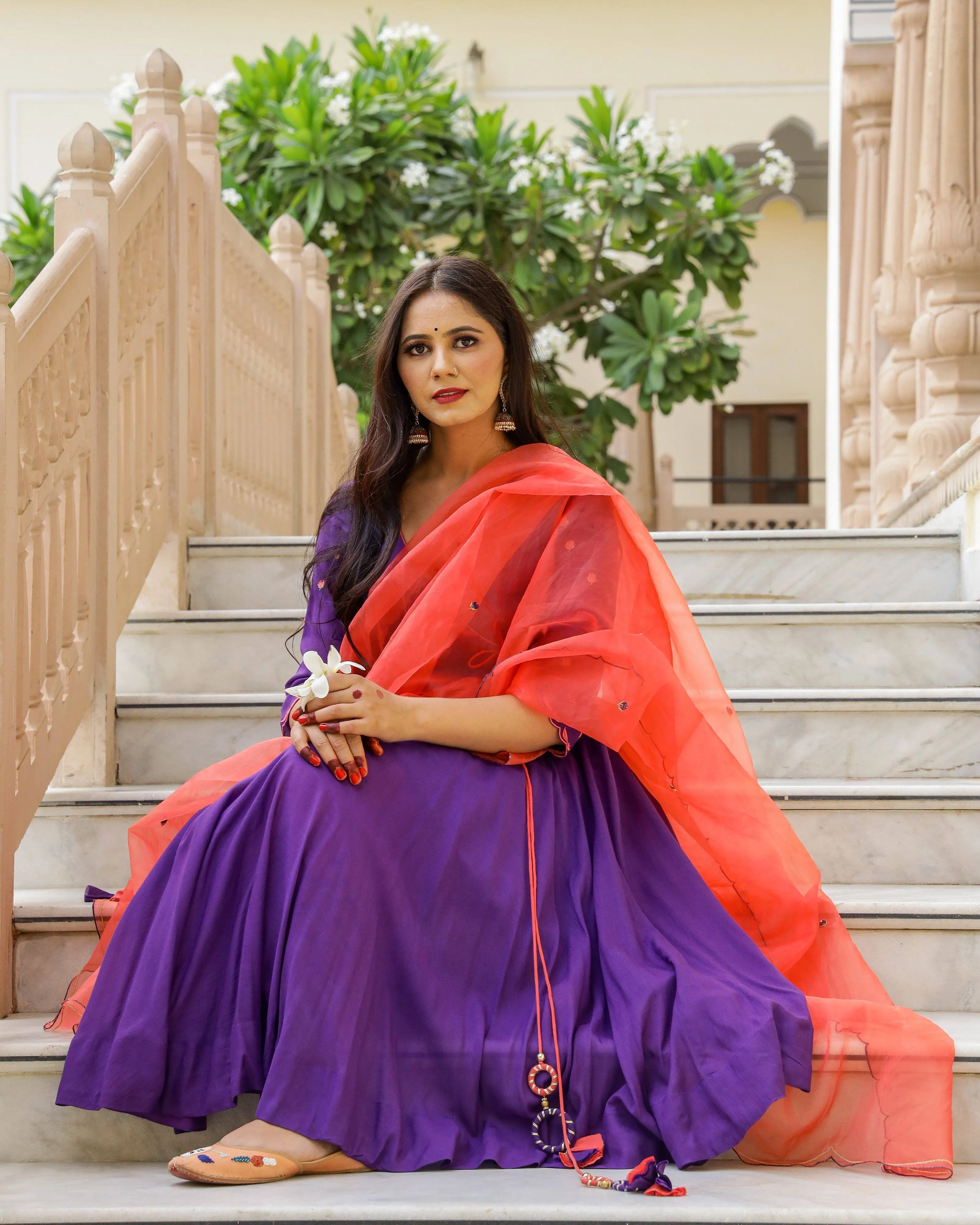 Kurta Pant Set Anarkali Style with Duppata and Modal Embroidery -Jolie