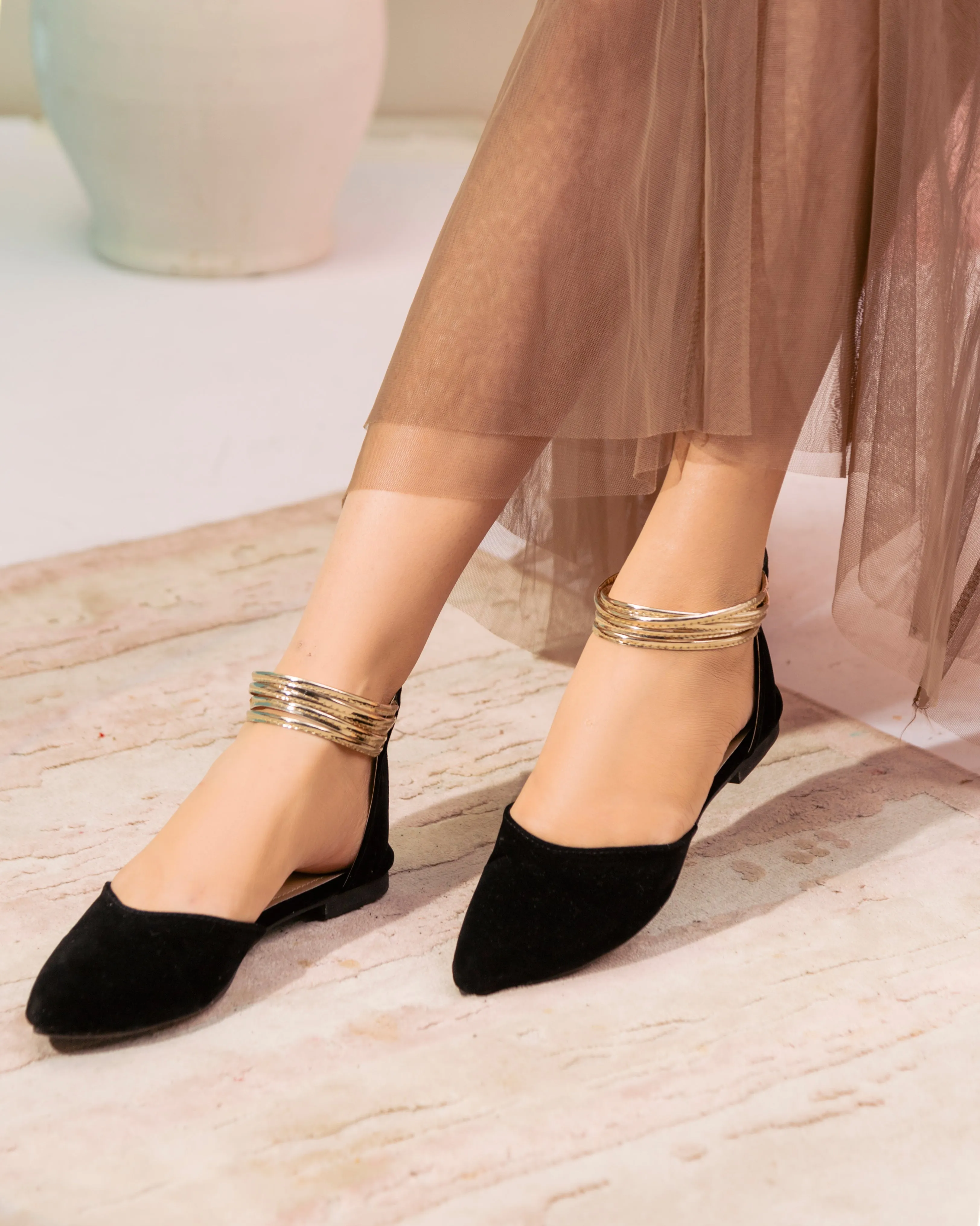 Layla Black Suede Hello Lover Flat Ankle Wrap Sandals