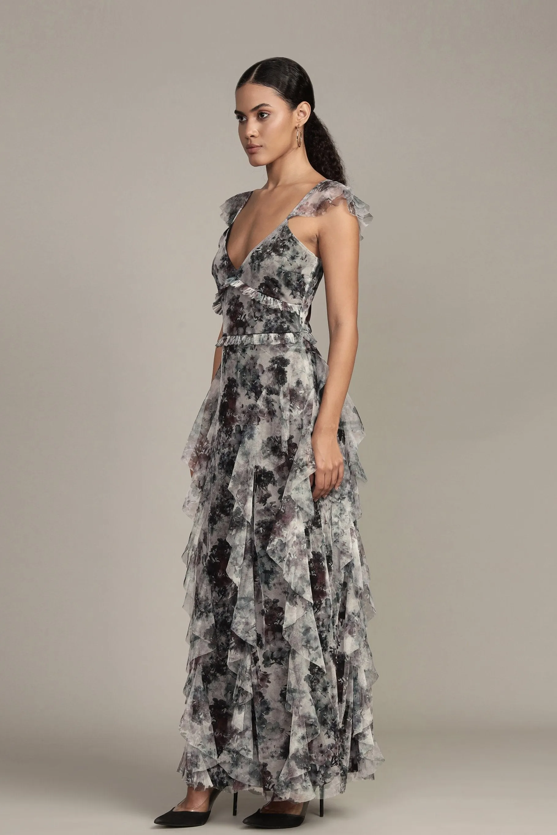 Malin Maxi Dress in Black and White Floral