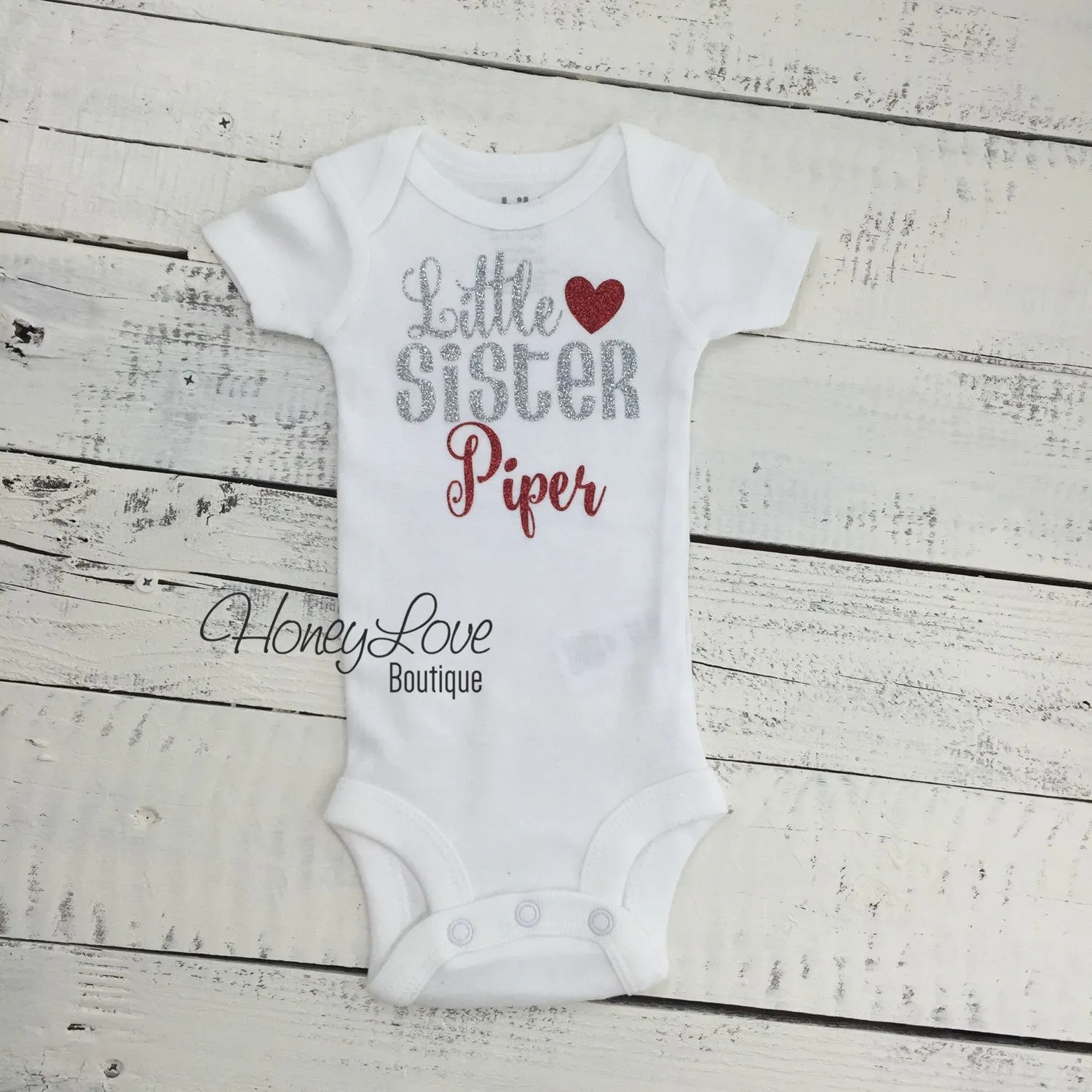 PERSONALIZED Sister Bodysuits and Shirts - Silver and Red Glitter