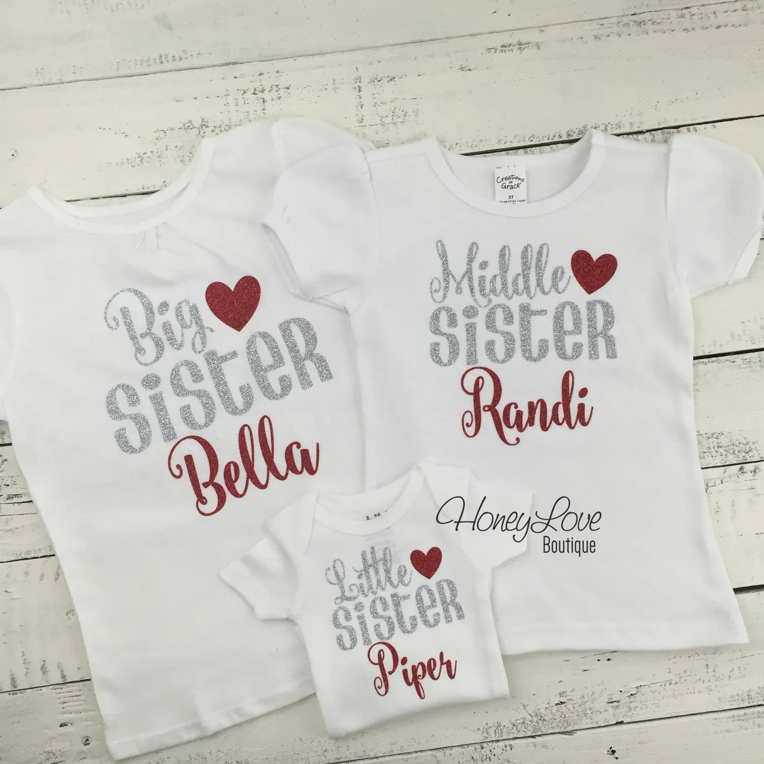 PERSONALIZED Sister Bodysuits and Shirts - Silver and Red Glitter