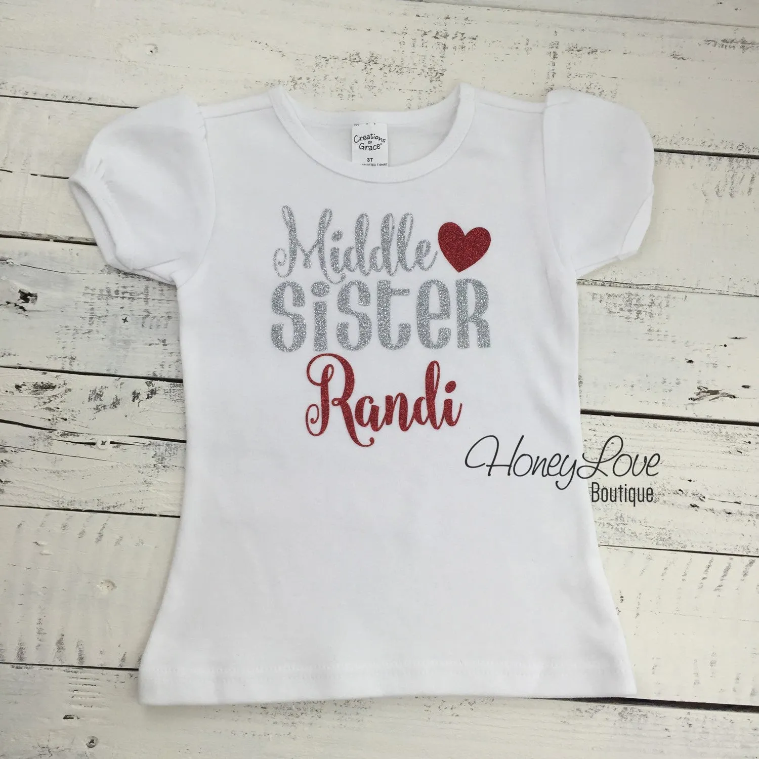 PERSONALIZED Sister Bodysuits and Shirts - Silver and Red Glitter