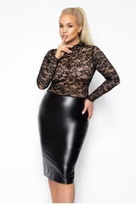 Stunning Midi Dress with Soft Lace Bodice and Sleek Powerwetlook Finish