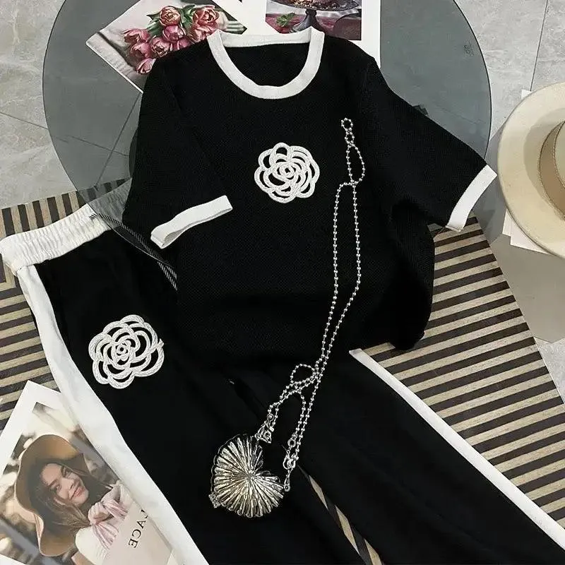 Rose Blossom: Embroidered T-Shirt & Pants Set