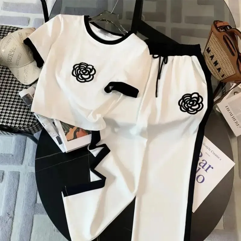 Rose Blossom: Embroidered T-Shirt & Pants Set