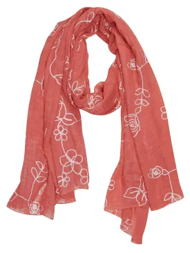 Rose Coral Peach Couture Sheer Soft Cloth Floral Embroidered Flower Summer Shawl Scarf Wrap
